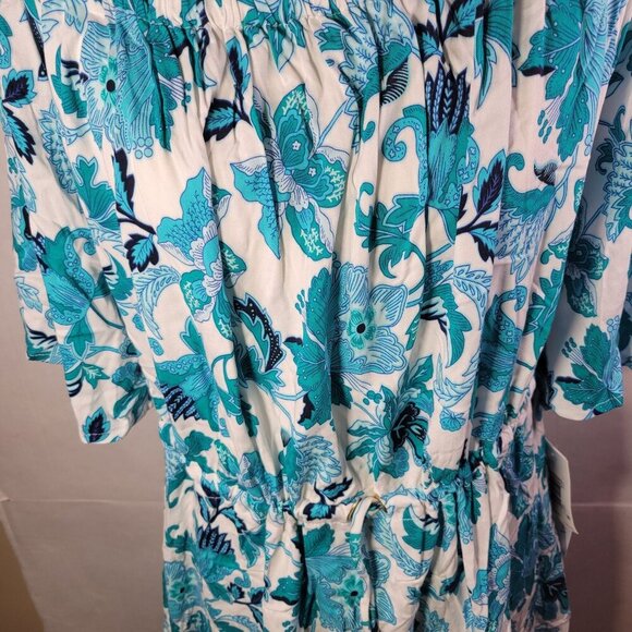 La Blanca Womens Off-Shoulder Floral Tunic Dress XL Rayon/Elastane White & Blue - Picture 7 of 9
